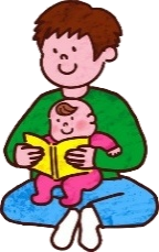 赤ちゃんに絵本を読んであげる父親のイラスト