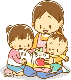 子どもたちと絵本を読む母親のイラスト