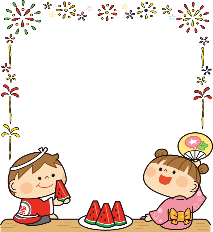 花火の飾り枠、すいかを持つ男の子と浴衣の女の子のイラスト