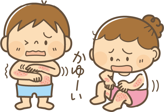 腕や足を痒がる男の子と女の子のイラスト